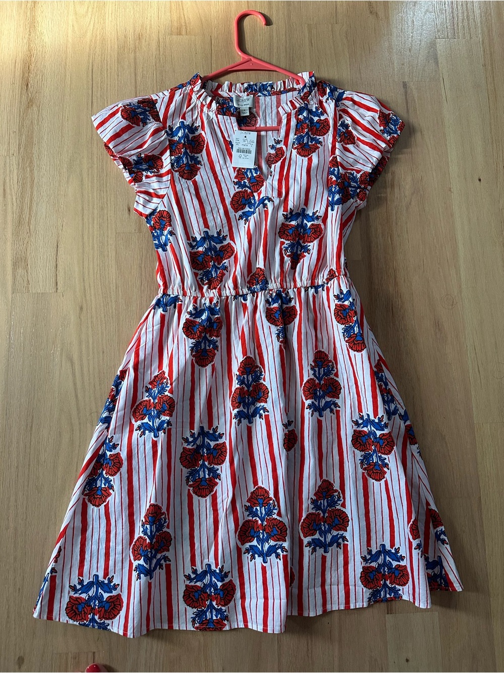 J. Crew White Dress with Red & Blue Floral Stripes